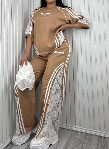 ست تی‌شرت و شلوار گیپور Balenciaga نسکافه‌ای