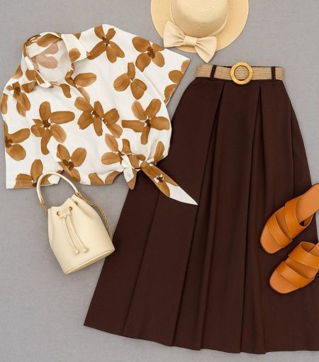 ست دامن و شومیز ابر‌و‌بادی جلوگره قهوه‌ای