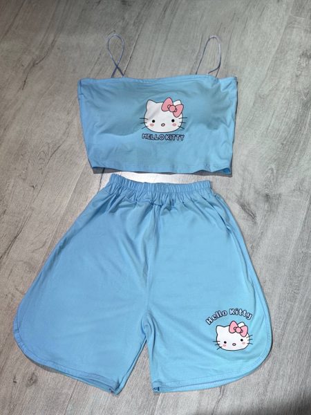 ست شلوارک و کراپ کاپ‌دار Hello kitty آبی روشن