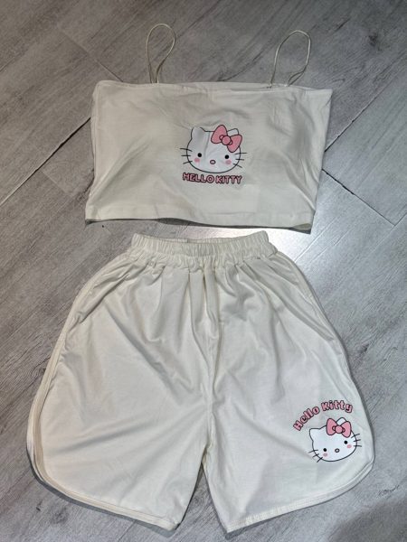 ست شلوارک و کراپ کاپ‌دار Hello kitty سفید