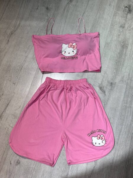 ست شلوارک و کراپ کاپ‌دار Hello kitty صورتی