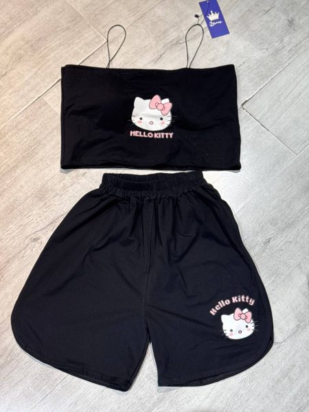 ست شلوارک و کراپ کاپ‌دار Hello kitty مشکی