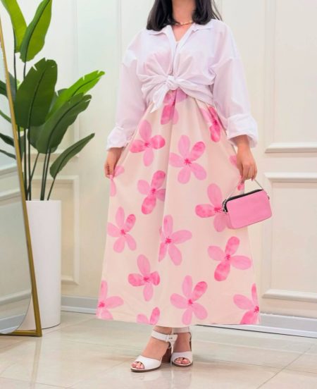 ست شومیز و پیراهن بندی گل گل صورتی