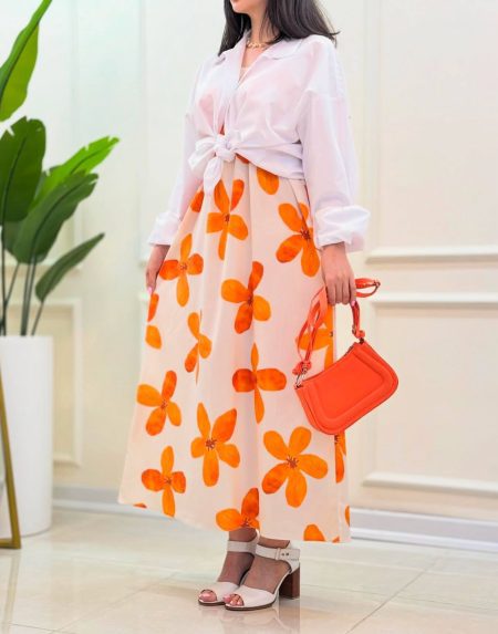 ست شومیز و پیراهن بندی گل گل نارنجی