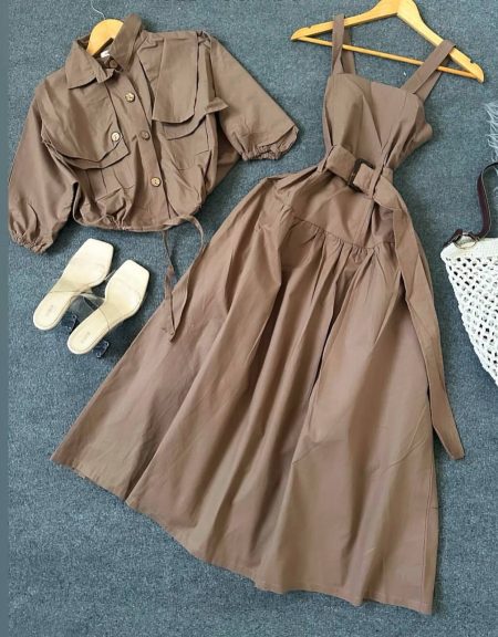 ست شومیز و پیراهن کمربندی خاکی