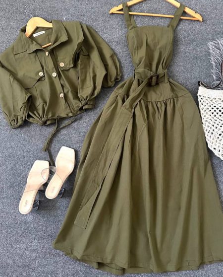 ست شومیز و پیراهن کمربندی سبز