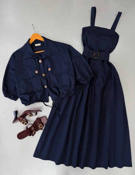 ست شومیز و پیراهن کمربندی سرمه‌ای