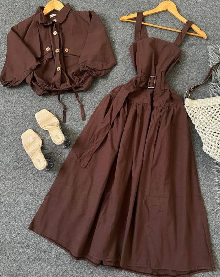 ست شومیز و پیراهن کمربندی قهوه‌ای