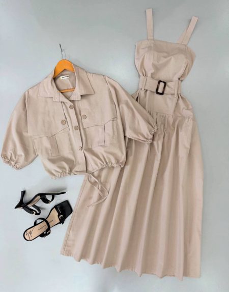 ست شومیز و پیراهن کمربندی کرم روشن