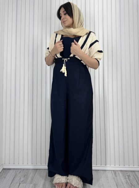 ست قلاب بافی بارلی شیری سرمه‌ای