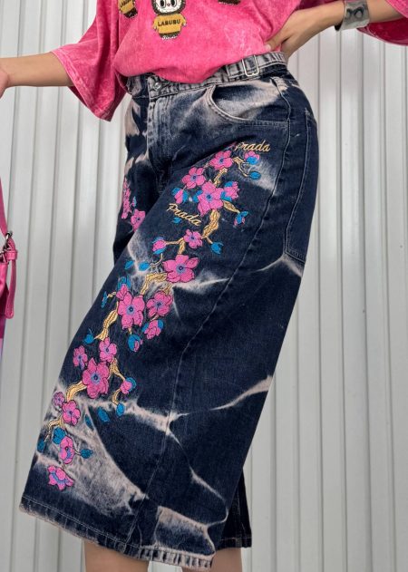 شلوار واید گل دوزی سرمه‌ای