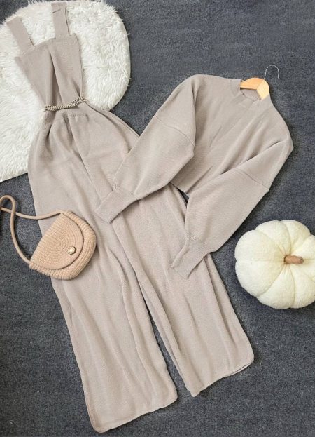 ست دو تیکه یقه 2سانت بافت طوسی