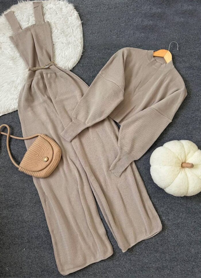 ست دو تیکه یقه 2سانت بافت قهوه‌ای