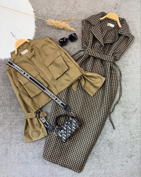 ست پیراهن و کت 2جیب ستاره بژ تیره