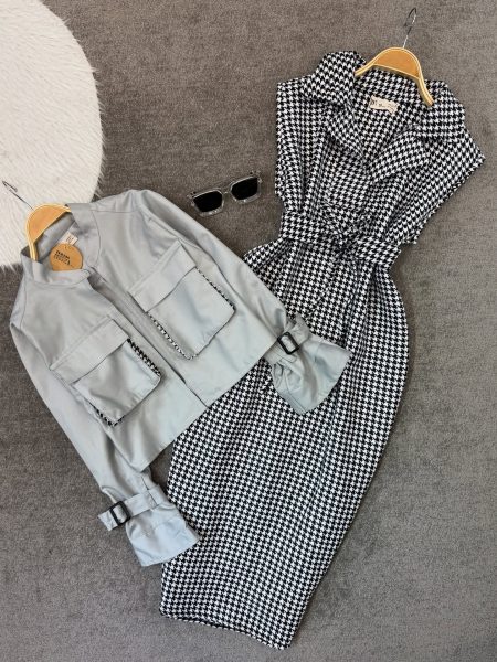 ست پیراهن و کت 2جیب ستاره طوسی