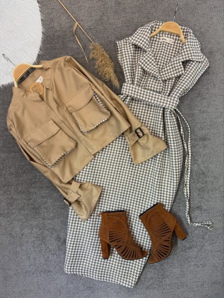 ست پیراهن و کت 2جیب ستاره کرم تیره