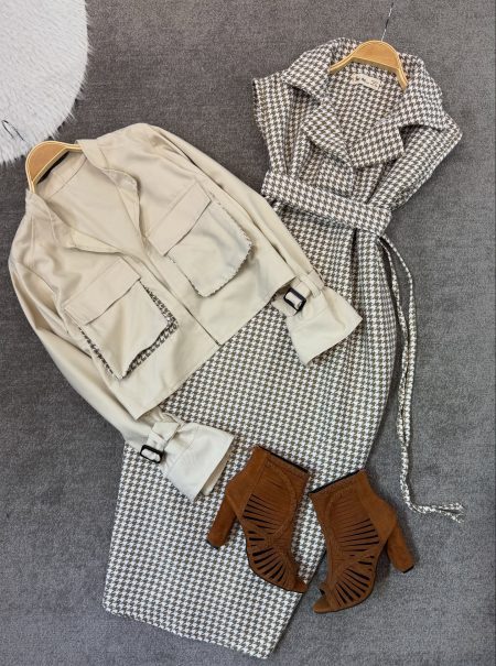 ست پیراهن و کت 2جیب ستاره کرم روشن