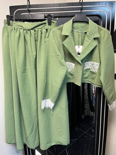 ست کت و دامن آستین جیب گیپور سبز