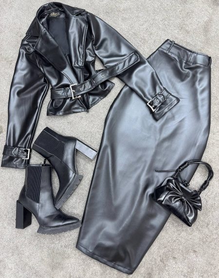 ست کت و دامن چرم آنوشا مشکی