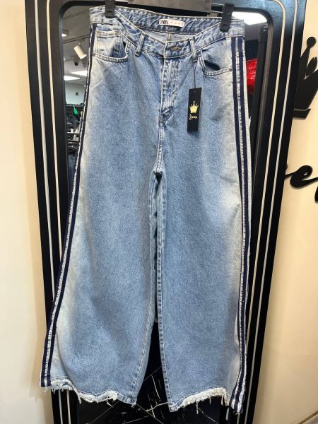 شلوار بگ 3خط نوارسرمه ای زارا آبی