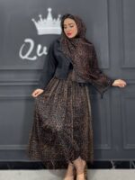 ست سه تیکه شال دار پلنگی قهوه‌ای