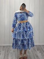 پیراهن طبقه ای حریر بوگاتی سفید طاووس آبی