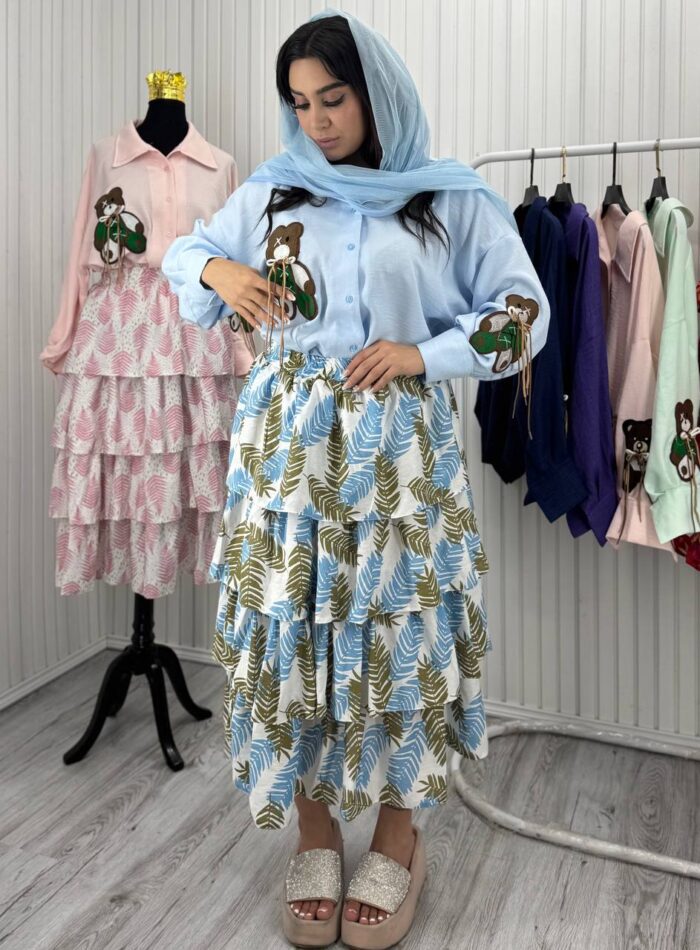 دامن طبقه ای طرح دار تارا سفید آبی