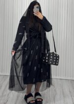 ست 2 تیکه دامن و شال گیپور نگینی مشکی طرح miu miu