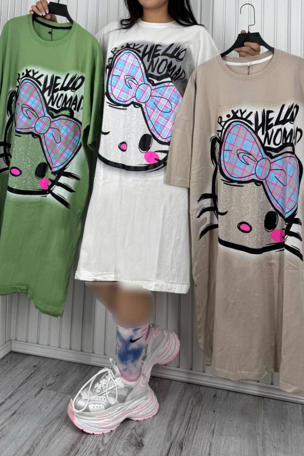 تی شرت لانگ نگینی Hello Kitty کرم، سبز