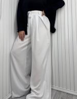 شلوار فول بگ کمرکش کمربندی سفید
