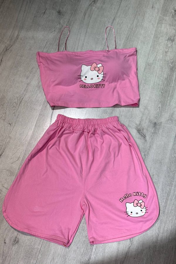 ست شلوارک و کراپ کاپ‌دار Hello kitty صورتی