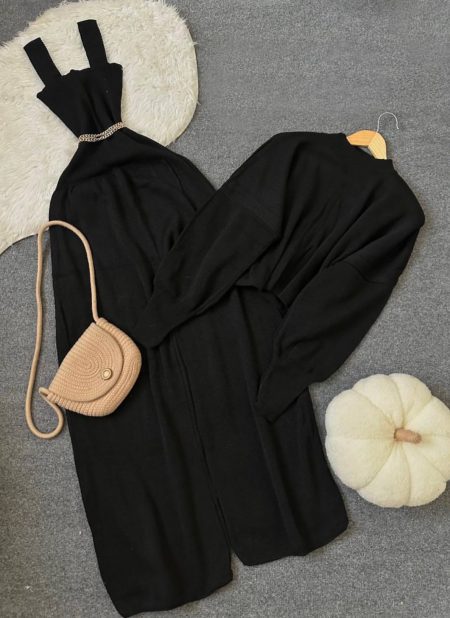 ست دو تیکه یقه 2سانت بافت مشکی