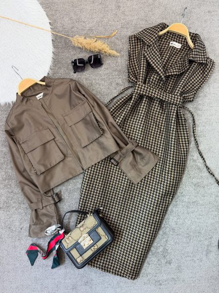 ست پیراهن و کت 2جیب ستاره قهوه‌ای